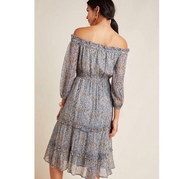 Anthropologie Kira Floral Off The Shoulder Tiered Midi Dress Blue Yellow Size 4 - Picture 10 of 10